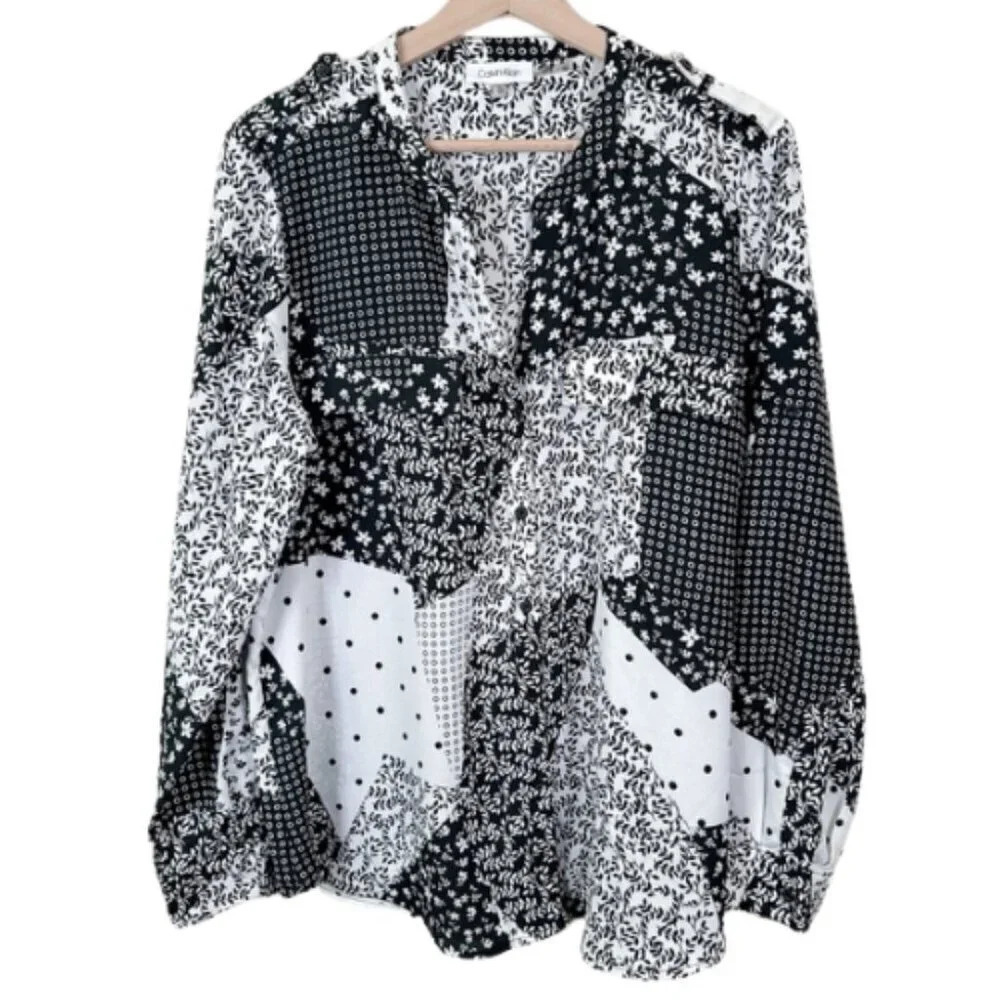 Calvin Klein Womens Size Xlarge Patchwork Print Over Button Relaxed Shirt